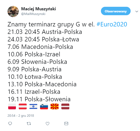 CIĘŻKI terminarz reprezentacji Polski w el. do EURO 2020